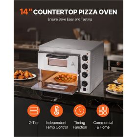 Commercial Pizza Oven Countertop, 14-Inch Double Deck Layer, Stainless Steel Electric Pizza Oven with Stone and Handle