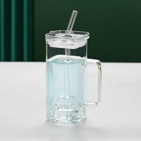 1 Pcs Transparent Glass Straw Cup, 6 Colors Square Glass Cup With Straw And Lid, High Borosilicate Glass Cup, Milk Cup, Juice Cup, Cold Drink Cup (Option: Transparent)